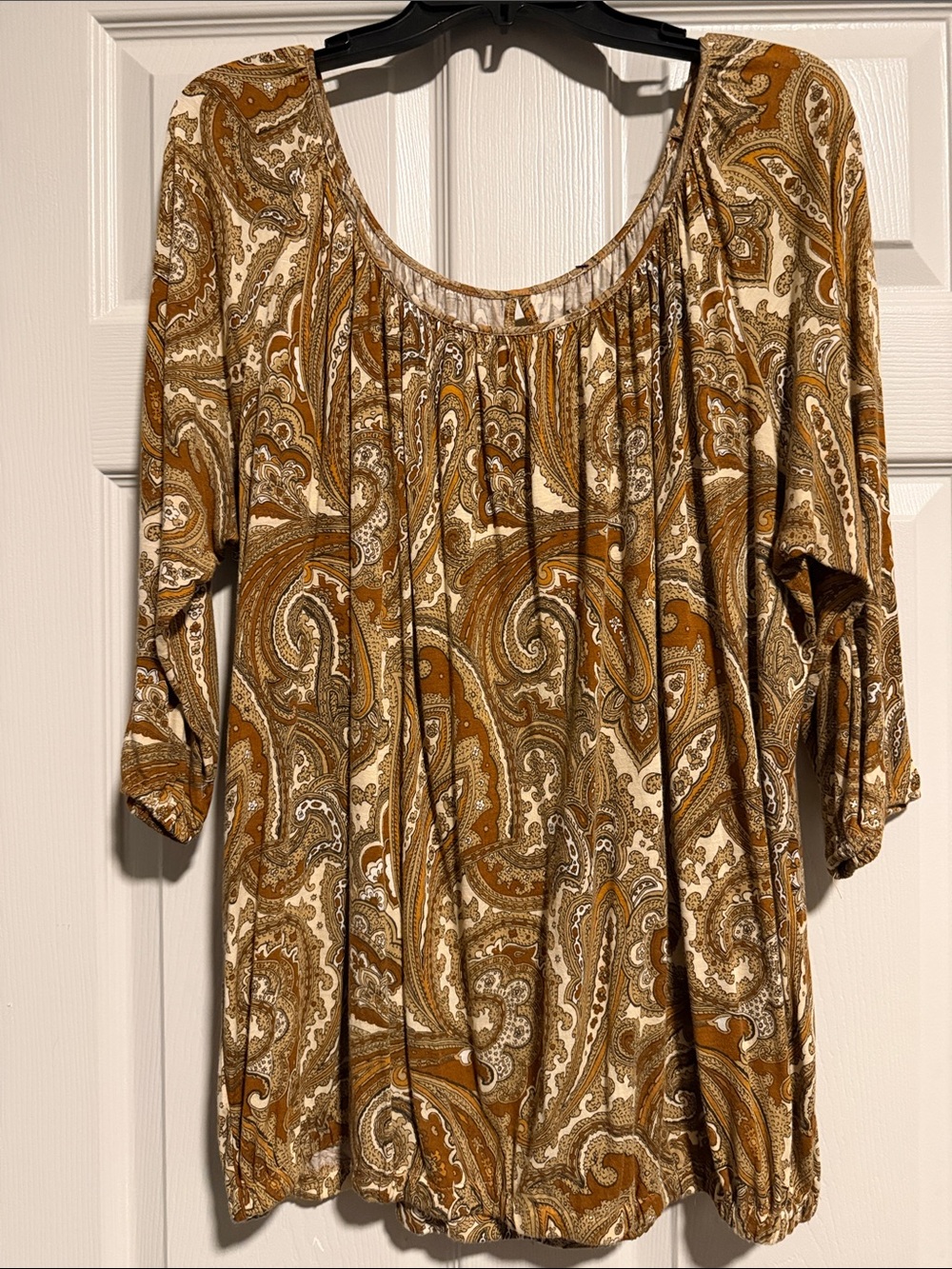 New York & Company Brown and Cream Paisley Peasant Blouse